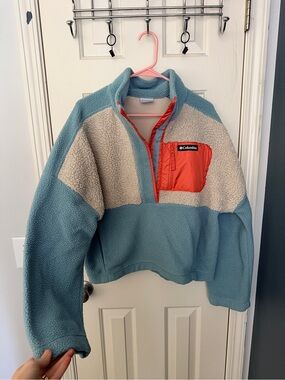 Columbia Blue Sherpa Pullover with Cream Yoke and Red Pocket